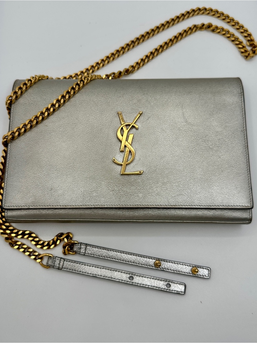 Saint Laurent Cassandre Large Wallet on Chain Metallic Silver Gold Hardware